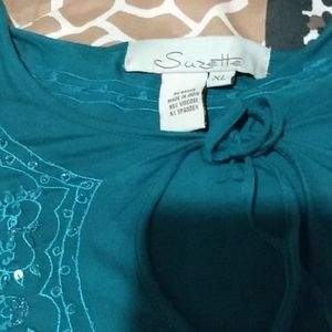 Teal colored, bell sleeved, flowy blouse...